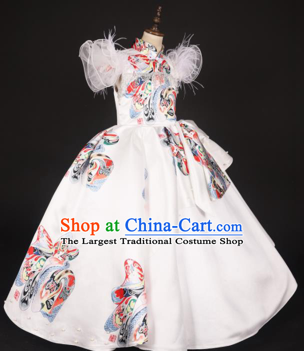 Chinese Stage Performance Folk Dance Catwalks White Full Dress Modern Fancywork Dance Costume for Kids
