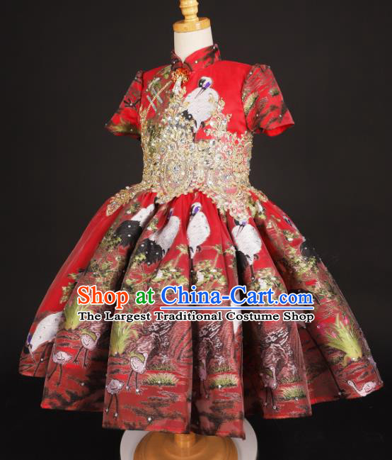 Chinese Stage Performance Folk Dance Red Full Dress Catwalks Modern Fancywork Dance Costume for Kids