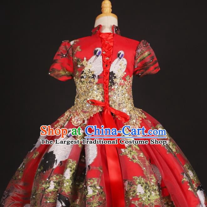 Chinese Stage Performance Folk Dance Red Full Dress Catwalks Modern Fancywork Dance Costume for Kids