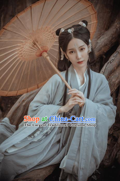 Chinese Traditional Ancient Female Swordsman Grey Hanfu Dress Jin Dynasty Court Princess Historical Costume for Women