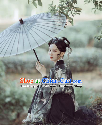 Chinese Ancient Court Lady Printing Lotus Black Hanfu Dress Traditional Jin Dynasty Princess Historical Costume for Women