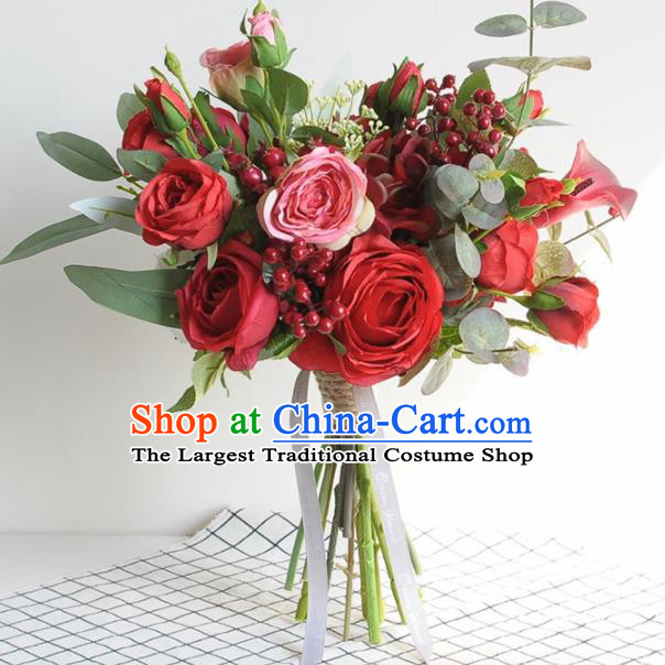 Handmade Classical Wedding Red Rose Flowers Bride Holding Emulational Flowers Ball Hand Tied Bouquet Flowers for Women