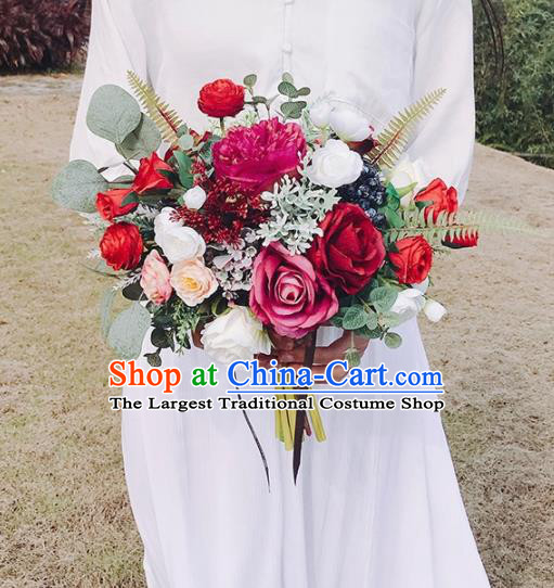 Handmade Classical Wedding Bride Holding Emulational Red Peony Flowers Ball Hand Tied Bouquet Flowers for Women
