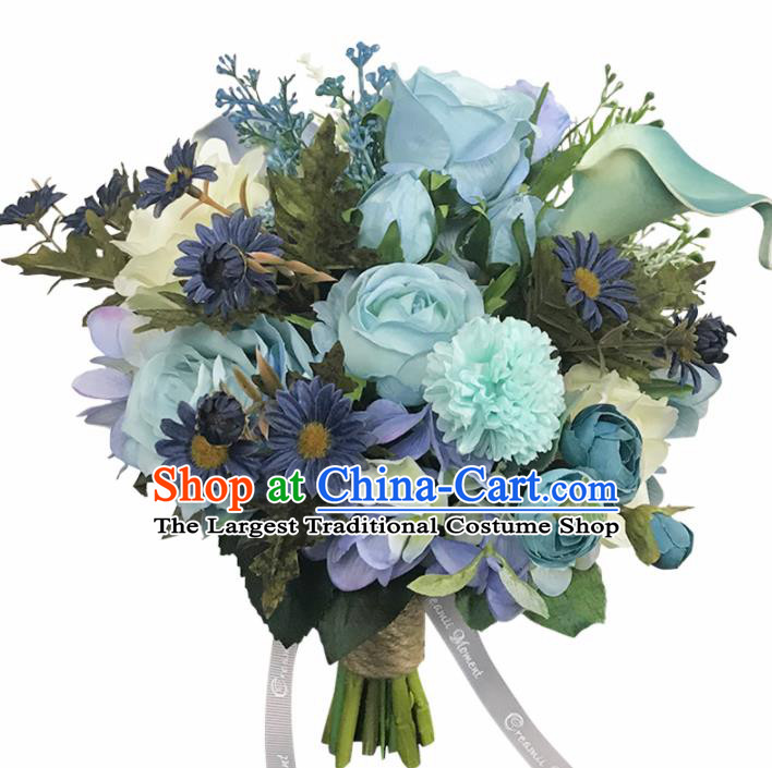 Handmade Wedding Bride Holding Emulational Classical Blue Flowers Ball Hand Tied Bouquet Flowers for Women