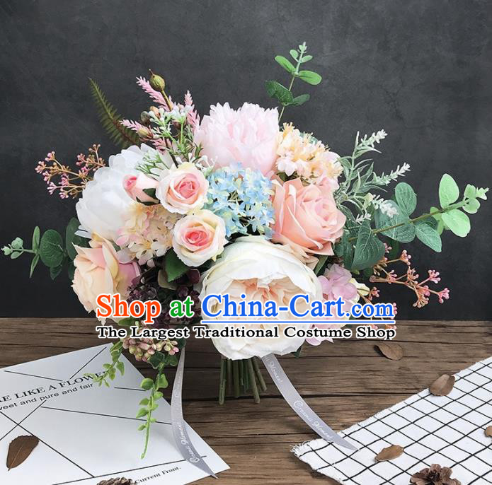Handmade Wedding Bride Holding Emulational Classical White Peony Flowers Ball Hand Tied Bouquet Flowers for Women