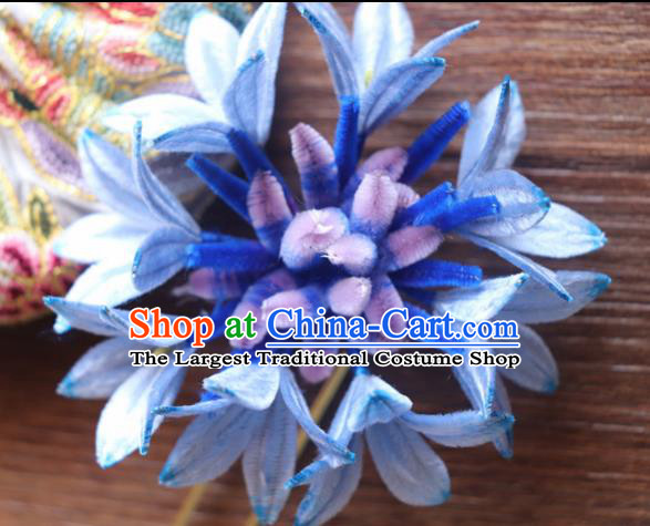 Chinese Handmade Blue Velvet Cornflower Hairpins Ancient Palace Headwear for Women