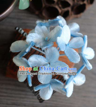 Chinese Handmade Blue Velvet Hydrangea Hairpins Ancient Palace Headwear for Women
