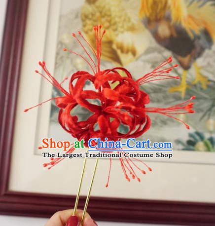 Chinese Handmade Red Velvet Spider Lily Hairpins Ancient Palace Hair Accessories Headwear for Women