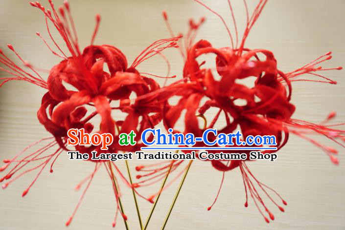 Chinese Handmade Red Velvet Spider Lily Hairpins Ancient Palace Hair Accessories Headwear for Women