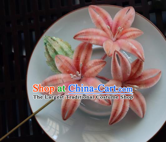 Chinese Handmade Pink Velvet Flowers Hairpins Ancient Palace Hair Accessories Headwear for Women