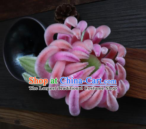 Chinese Handmade Pink Velvet Chrysanthemum Hairpins Ancient Palace Hair Accessories Headwear for Women