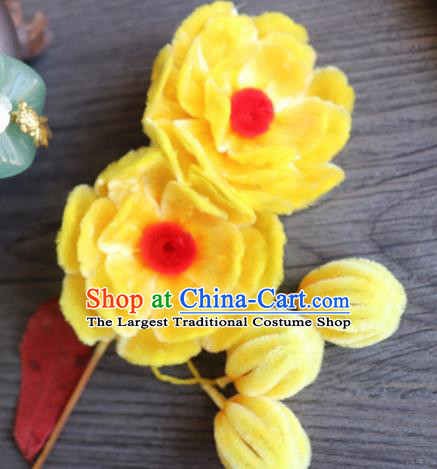 Chinese Handmade Yellow Velvet Flowers Hairpins Ancient Palace Queen Hair Accessories Headwear for Women