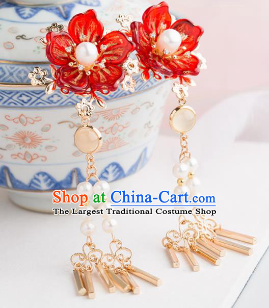 Chinese Handmade Red Flower Hairpins Ancient Princess Hair Accessories Headwear for Women