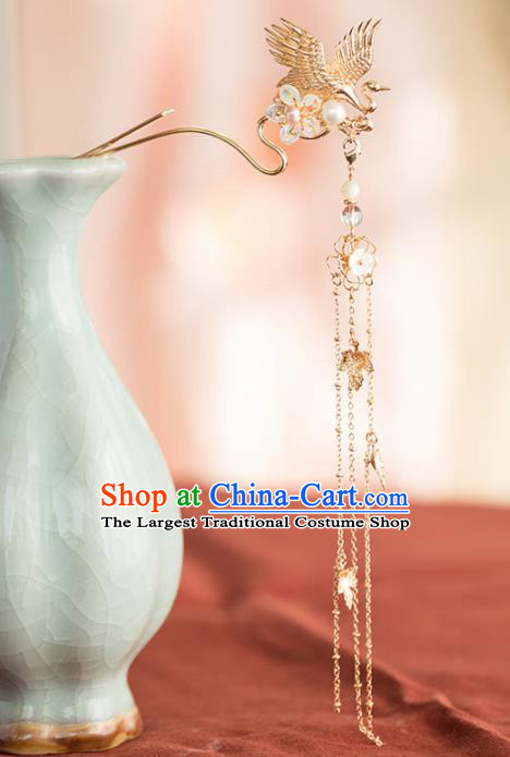 Chinese Handmade Golden Crane Tassel Hairpins Ancient Princess Hair Accessories Headwear for Women