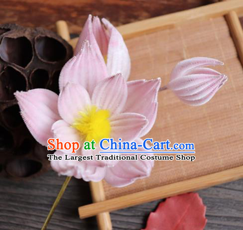 Chinese Handmade Wedding Pink Velvet Lotus Hairpins Ancient Palace Queen Hair Accessories Headwear for Women