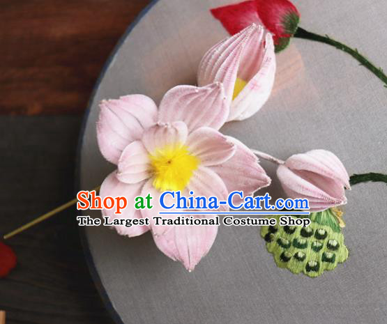 Chinese Handmade Wedding Pink Velvet Lotus Hairpins Ancient Palace Queen Hair Accessories Headwear for Women