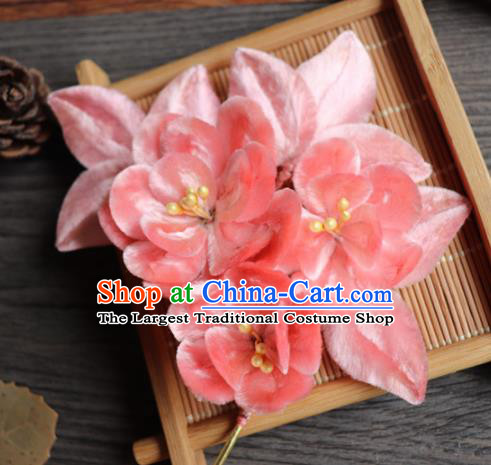 Chinese Handmade Wedding Pink Velvet Peach Flower Hairpins Ancient Palace Queen Hair Accessories Headwear for Women
