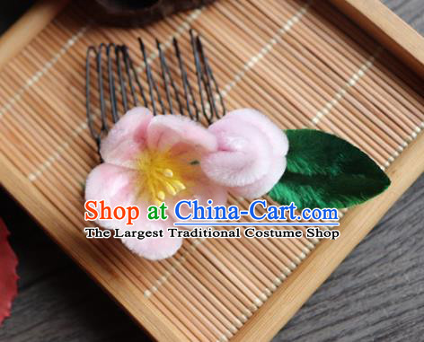 Chinese Handmade Wedding Pink Velvet Peach Flower Hair Comb Ancient Palace Queen Hair Accessories Headwear for Women
