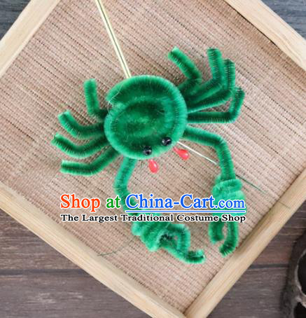 Chinese Handmade Green Velvet Crab Hairpins Ancient Palace Queen Hair Accessories Headwear for Women