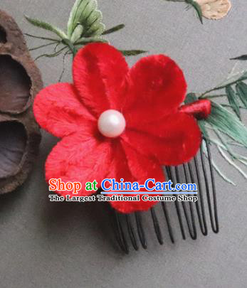 Chinese Handmade Red Velvet Flowers Hair Comb Ancient Palace Queen Hair Accessories Headwear for Women