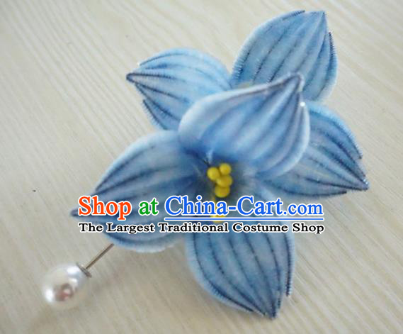 Chinese Handmade Blue Velvet Lotus Hairpins Ancient Palace Queen Hair Accessories Headwear for Women