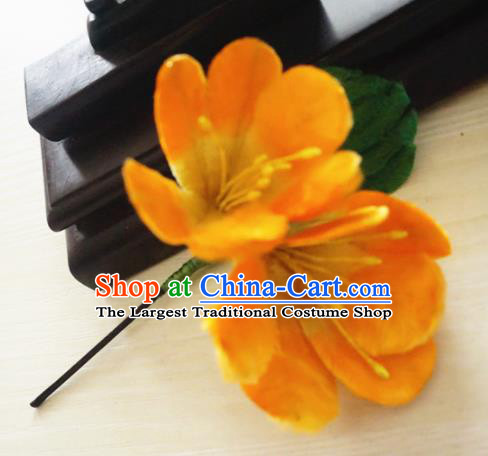 Chinese Handmade Orange Velvet Flowers Hairpins Ancient Palace Queen Hair Accessories Headwear for Women