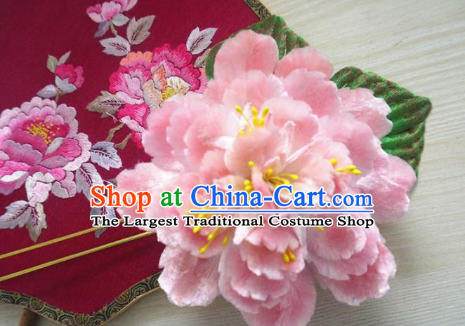 Chinese Handmade Pink Velvet Peony Hairpins Ancient Palace Queen Hair Accessories Headwear for Women