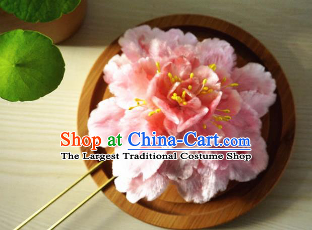 Chinese Handmade Palace Pink Peony Velvet Hairpins Ancient Queen Hair Accessories Headwear for Women