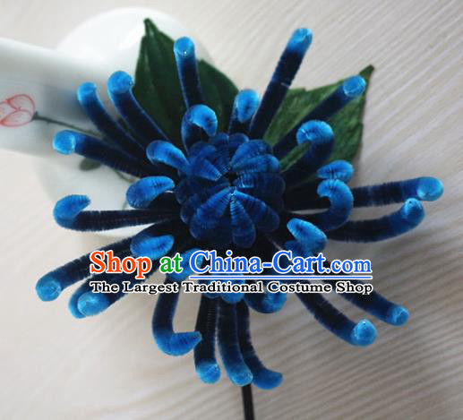 Chinese Handmade Palace Navy Velvet Chrysanthemum Hairpins Ancient Queen Hair Accessories Headwear for Women