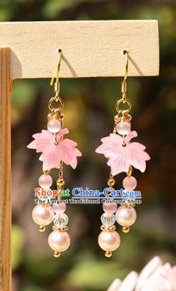 Handmade Chinese Classical Pink Maple Leaf Earrings Ancient Palace Hanfu Ear Accessories for Women