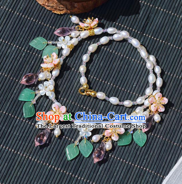 Handmade Chinese Classical Pearls Necklet Ancient Palace Hanfu Leaf Necklace Accessories for Women
