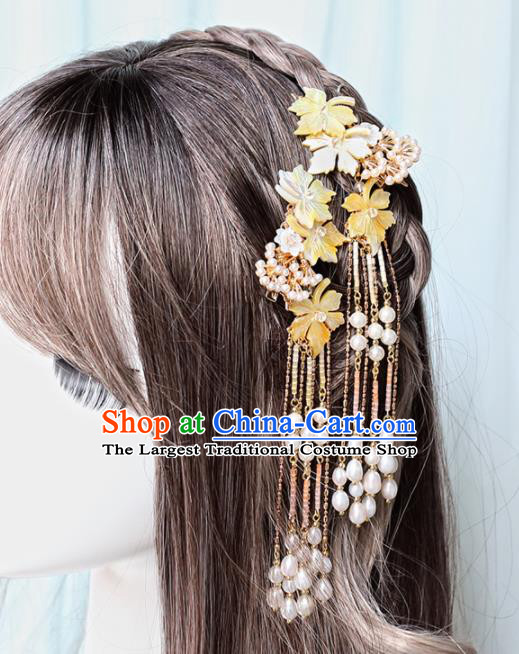 Chinese Handmade Hanfu Yellow Shell Flowers Tassel Hairpins Ancient Princess Hair Accessories Headwear for Women