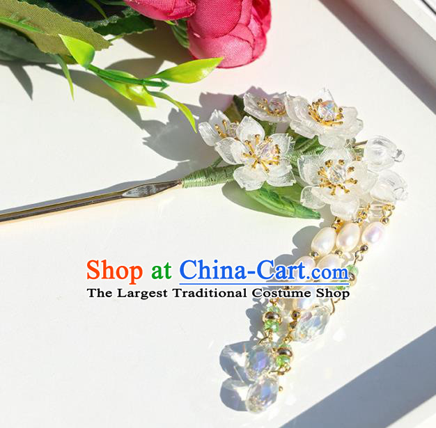 Chinese Handmade Hanfu Hairpins White Flowers Tassel Step Shake Ancient Palace Princess Hair Accessories Headwear for Women