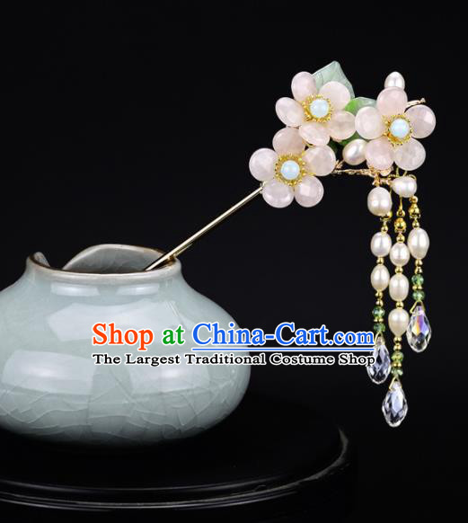 Chinese Handmade Hanfu Hairpins Pink Flowers Tassel Step Shake Ancient Palace Princess Hair Accessories Headwear for Women