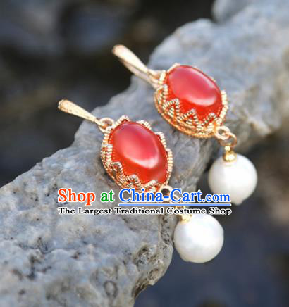 Handmade Chinese Classical Red Agate Earrings Ancient Palace Hanfu Ear Accessories for Women