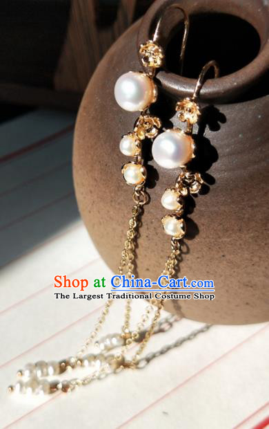 Handmade Chinese Classical Pearls Tassel Earrings Ancient Palace Hanfu Ear Accessories for Women