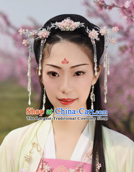 Chinese Handmade Palace Pink Flowers Hair Crown Hairpins Ancient Princess Hanfu Hair Accessories Headwear for Women