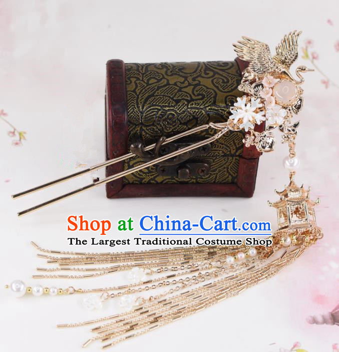 Chinese Handmade Palace Golden Crane Tassel Step Shake Hairpins Ancient Princess Hanfu Hair Accessories Headwear for Women