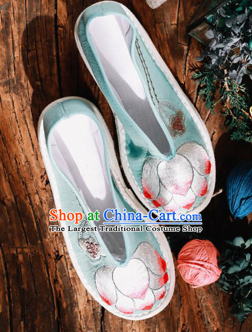 Chinese Handmade Green Cloth Shoes Traditional National Shoes Ancient Princess Embroidered Lotus Hanfu Shoes for Women
