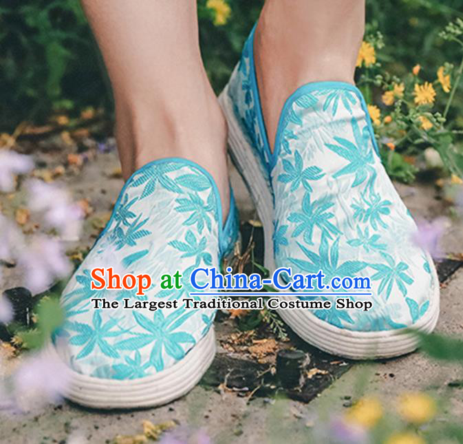 Chinese Handmade Printing Blue Lotus Cloth Shoes Traditional National Shoes Ancient Hanfu Shoes for Women