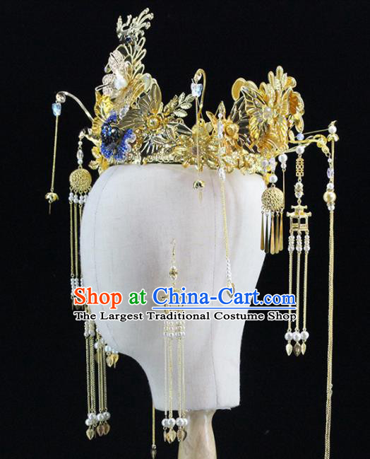 Chinese Handmade Palace Golden Phoenix Coronet Hairpins Ancient Princess Hanfu Hair Accessories Headwear for Women
