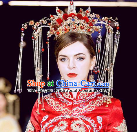 Chinese Handmade Palace Red Venonat Phoenix Coronet Hairpins Ancient Princess Hanfu Hair Accessories Headwear for Women