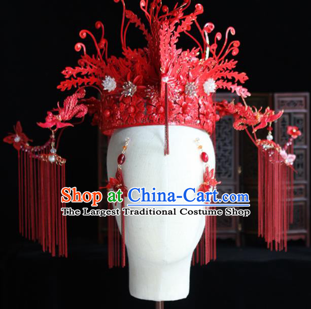 Chinese Handmade Palace Red Phoenix Coronet Hairpins Ancient Princess Hanfu Hair Accessories Headwear for Women