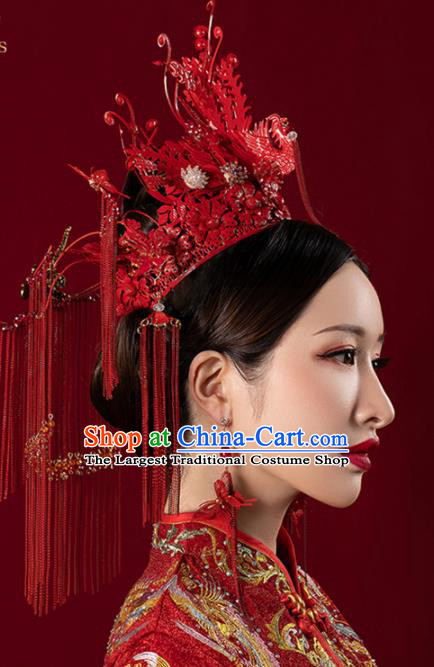 Chinese Handmade Palace Red Phoenix Coronet Hairpins Ancient Princess Hanfu Hair Accessories Headwear for Women