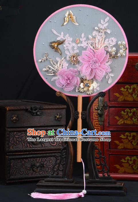 Chinese Traditional Wedding Pink Peony Round Fans Ancient Bride Palace Fan for Women