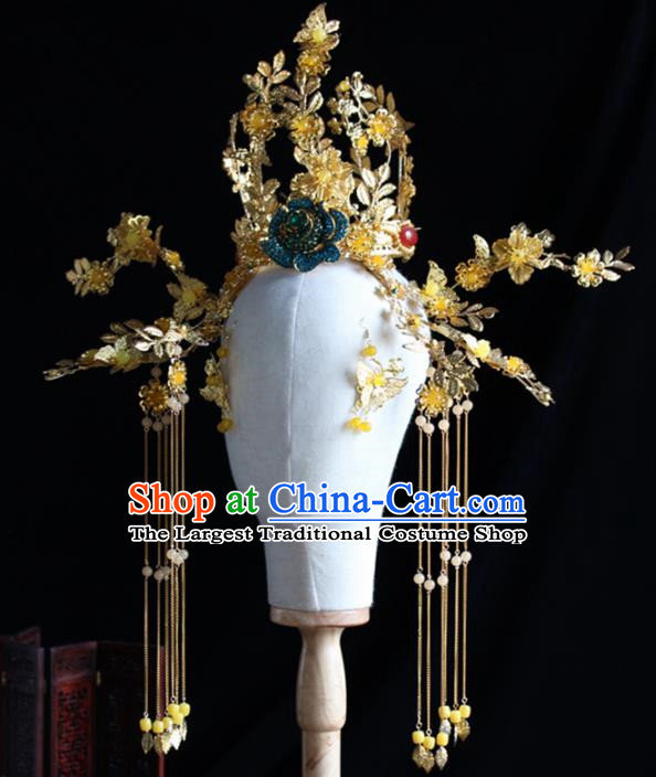 Chinese Handmade Palace Queen Golden Phoenix Coronet Hairpins Ancient Hair Accessories Headwear for Women