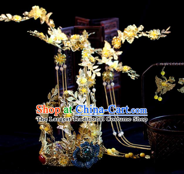 Chinese Handmade Palace Queen Golden Phoenix Coronet Hairpins Ancient Hair Accessories Headwear for Women