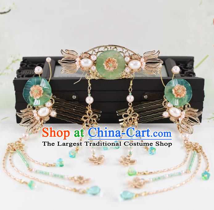 Chinese Handmade Palace Lotus Leaf Hair Comb Hairpins Ancient Princess Hanfu Hair Accessories Headwear for Women