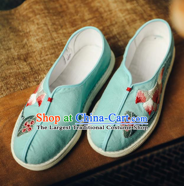 Chinese Handmade Cloth Shoes Traditional National Shoes Ancient Princess Embroidered Lotus Green Hanfu Shoes for Women