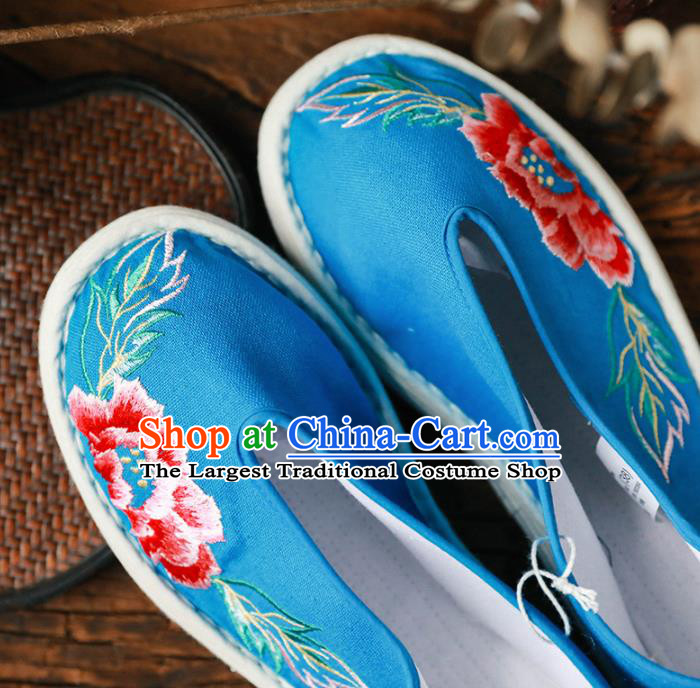 Chinese Handmade Embroidered Peony Blue Cloth Shoes Traditional National Shoes Ancient Princess Hanfu Shoes for Women